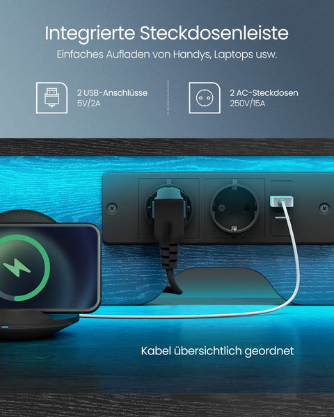 Rootz Ebony Black Desk with Drawers - Office Workstation - Storage Furniture - Built-in Sockets - 94.5cm x 65cm x 14.5cm