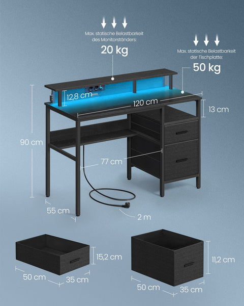 Rootz Ebony Black Desk with Drawers - Office Workstation - Storage Furniture - Built-in Sockets - 94.5cm x 65cm x 14.5cm