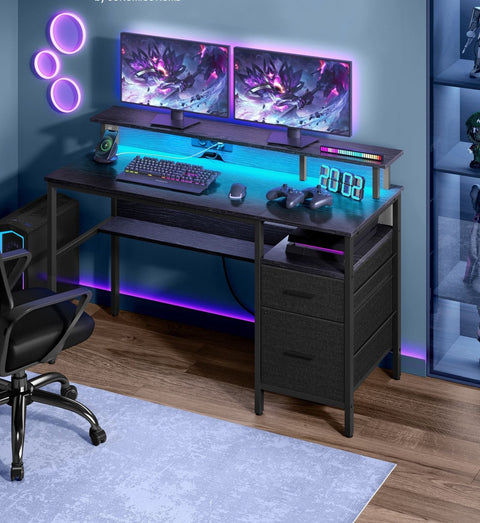 Rootz Ebony Black Desk with Drawers - Home Office Furniture - Storage Unit - Monitor Riser - 110cm x 65cm x 13.5cm - 24kg