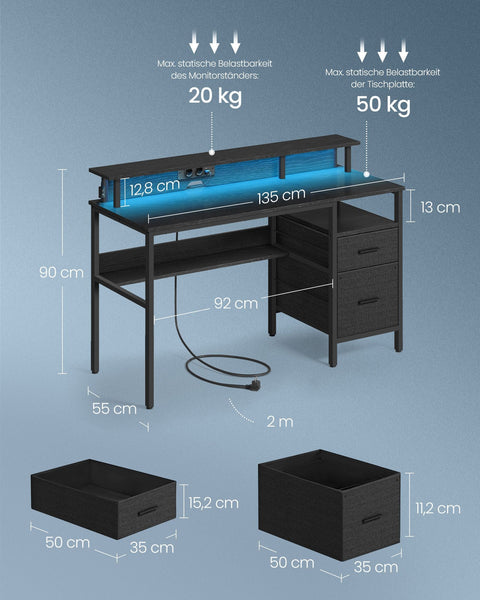 Rootz Ebony Black Desk with Drawers - Home Office Furniture - Storage Unit - Monitor Riser - 110cm x 65cm x 13.5cm - 24kg