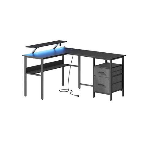 Rootz L-Shaped Desk - Workstation - Corner Desk - Ebony Black - Built-in Sockets - 120cm x 140cm x 75cm