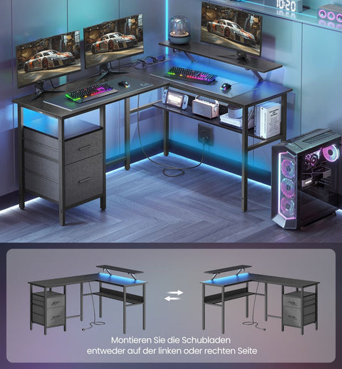 Rootz L-Shaped Desk - Workstation - Corner Desk - Ebony Black - Built-in Sockets - 120cm x 140cm x 75cm