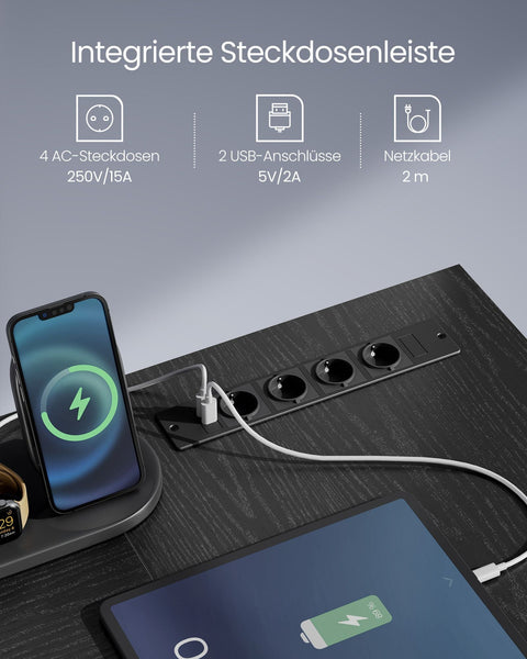 Rootz L-Shaped Desk - Workstation - Corner Desk - Ebony Black - Built-in Sockets - 120cm x 140cm x 75cm