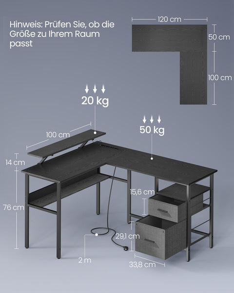 Rootz L-Shaped Desk - Workstation - Corner Desk - Ebony Black - Built-in Sockets - 120cm x 140cm x 75cm