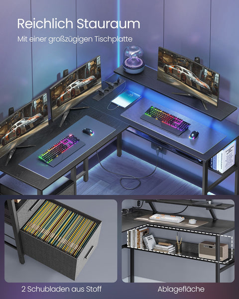 Rootz L-Shaped Desk - Workstation - Corner Desk - Ebony Black - Built-in Sockets - 120cm x 140cm x 75cm