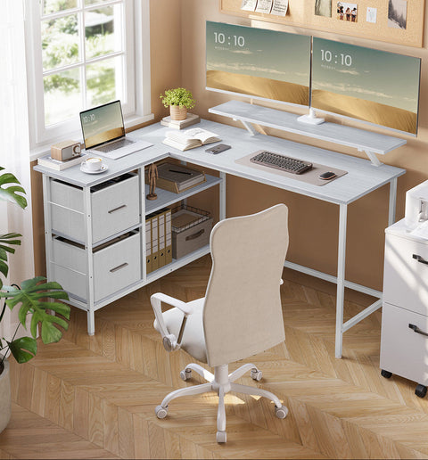 Rootz L-Shaped Desk - Workstation - Office Table - Space-saving Design -  White - 105cm x 135cm x 89.5cm
