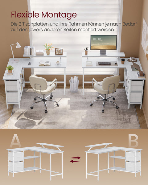 Rootz L-Shaped Desk - Workstation - Office Table - Space-saving Design -  White - 105cm x 135cm x 89.5cm