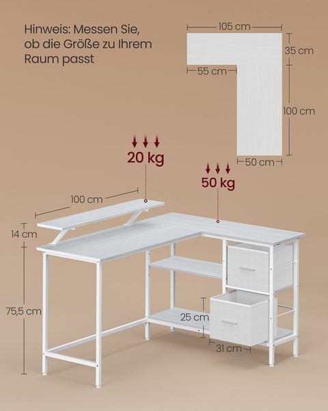 Rootz L-Shaped Desk - Workstation - Office Table - Space-saving Design -  White - 105cm x 135cm x 89.5cm