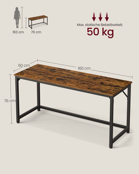 Rootz Rustic Desk - Brown Black - Wooden Chipboard - Steel - Durable and Stylish - 60cm x 160cm x 76cm