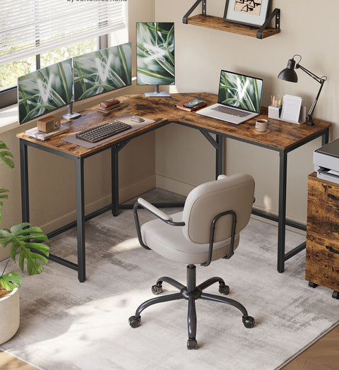 Rootz Computer Desk - Writing Desk - Office Table - Rustic Design - Durable Wooden Chipboard - Steel Frame - 129cm x 129cm x 76cm