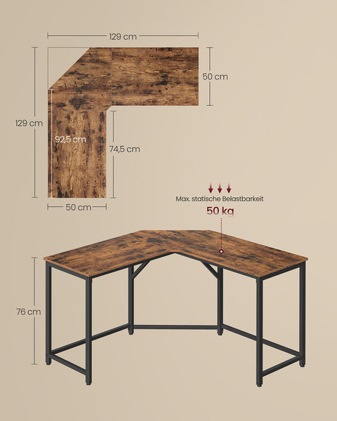 Rootz Computer Desk - Writing Desk - Office Table - Rustic Design - Durable Wooden Chipboard - Steel Frame - 129cm x 129cm x 76cm