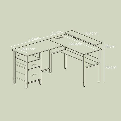 Rootz L-Shaped Office Desk - Corner Desk - Ergonomic Table - Space-Saving Design - 120cm x 150cm x 76cm - Black
