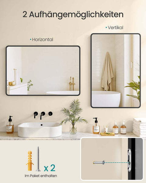 Rootz Rectangular Wall Mirror - Bath Mirror - Black Aluminum - Enhances Room Space - 91x61cm