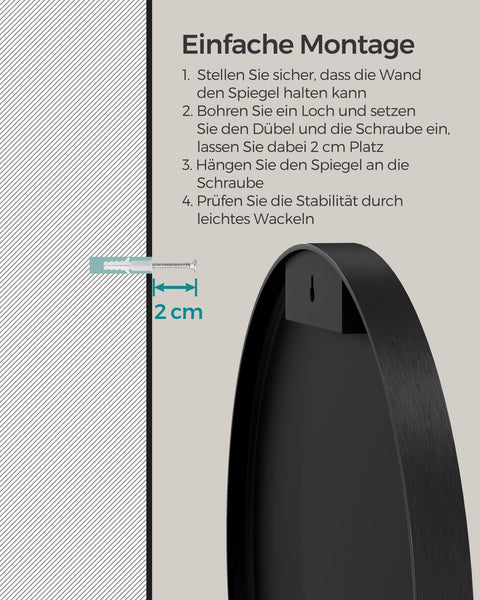 Rootz Round Mirror - Vanity Mirror - Wall Mirror - Aluminum Alloy - Glass - MDF - Lightweight - Easy to Install - 50cm x 3.6cm - Ink Black