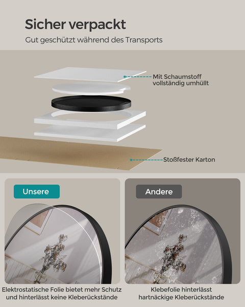 Rootz Round Mirror - Vanity Mirror - Wall Mirror - Aluminum Alloy - Glass - MDF - Lightweight - Easy to Install - 50cm x 3.6cm - Ink Black