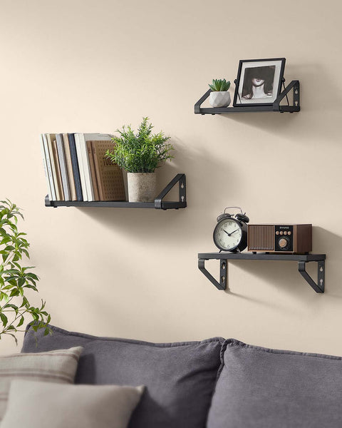 Rootz 3 Piece Wall Shelf Set - Floating Shelf - Display Shelves - Dual Assembly Options - Wooden Chipboard & Steel - Black
