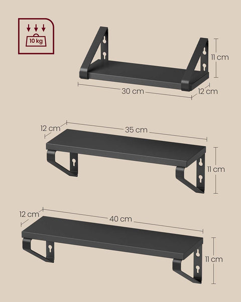 Rootz 3 Piece Wall Shelf Set - Floating Shelf - Display Shelves - Dual Assembly Options - Wooden Chipboard & Steel - Black