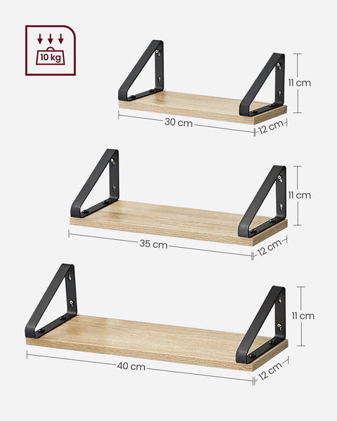 Rootz 3 Piece Set Floating Shelf - Wall Shelf - Wall Mounted Shelves - Chipboard and Steel - 12cm x 30cm x 11cm, 12cm x 35cm x 11cm, 12cm x 40cm x 11cm - Oak Black - Lightweight - Easy to Install - Sturdy - 2.5kg - 10kg Max Load Capacity