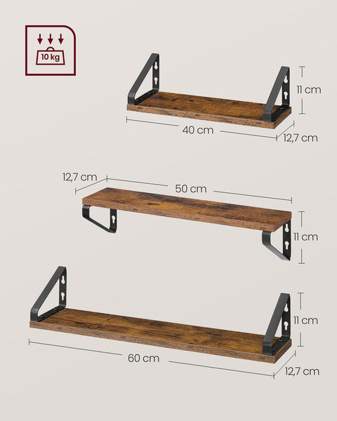 Rootz Floating Shelf Set - Wall Shelf - Rustic Shelves - Space-Saving - 12.7cm x 60cm x 11.2cm -Brown Black
