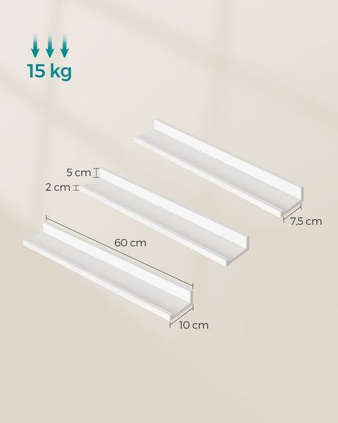 Rootz White Wall Shelf Set - Floating Shelves - MDF - Lightweight - Easy Assembly - 10cm x 60cm x 5/2cm - 2.6kg - 15kg Capacity
