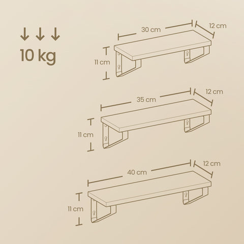 Rootz 3 Set Wall Shelf - Floating Shelf - Wooden Shelves - Space-Saving Design - Sizes: 30/35/40 x 12 x 11 cm