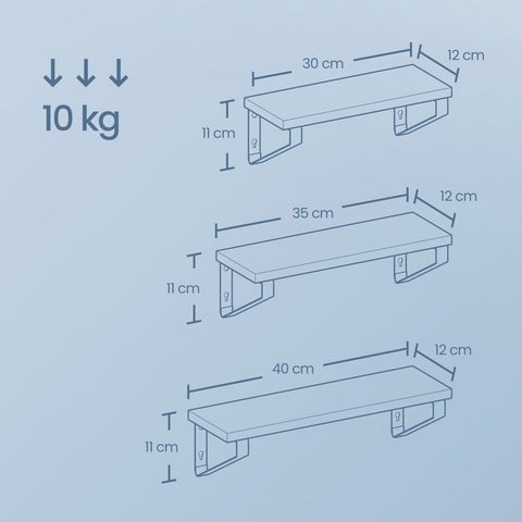 Rootz Wall Shelf 3 Set - Floating Shelf - Decorative Shelving - Max 5kg Load - Brown-Black - Small (12x30x11cm), Medium (12x35x11cm), Large (12x40x11cm)