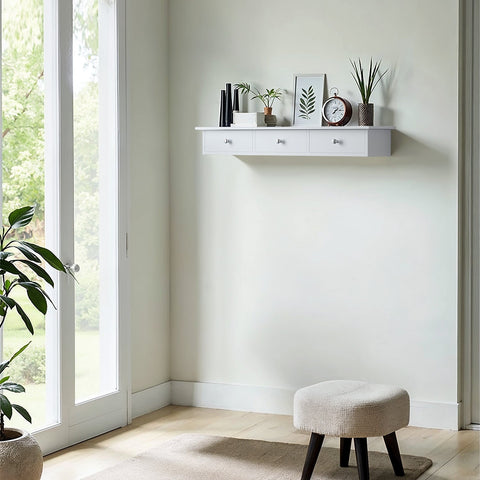 Rootz Floating Wall Shelf - Wall Mounted Shelf - White Display Shelf with Drawers - Strong Storage Solution - 80cm x 15cm x 10cm