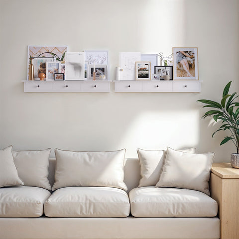 Rootz Floating Wall Shelf - Wall Mounted Shelf - White Display Shelf with Drawers - Strong Storage Solution - 80cm x 15cm x 10cm