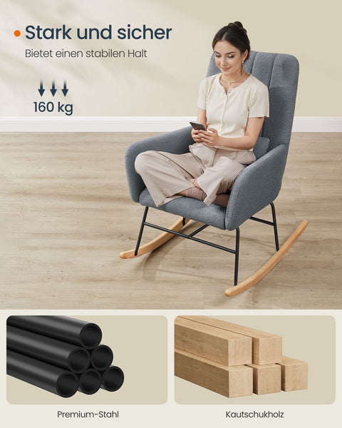 Rootz Rocking Chair - Slate Gray Armchair - Fleece Recliner - Comfort Armrests - 89.5cm x 67.5cm x 106cm