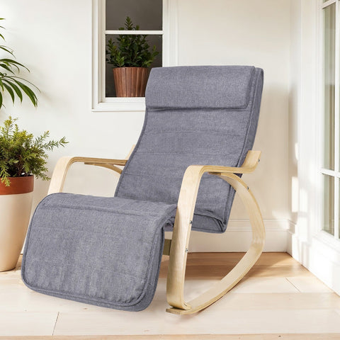 Rootz Rocking Chair - Relaxing Chair - Birch Wood Lounge Chair - Ergonomic Design - Grey Linen - 67cm x 115cm x 91cm