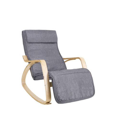 Rootz Rocking Chair - Relaxing Chair - Birch Wood Lounge Chair - Ergonomic Design - Grey Linen - 67cm x 115cm x 91cm