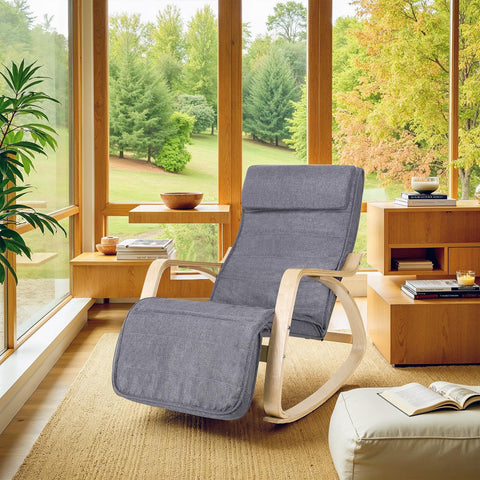 Rootz Rocking Chair - Relaxing Chair - Birch Wood Lounge Chair - Ergonomic Design - Grey Linen - 67cm x 115cm x 91cm