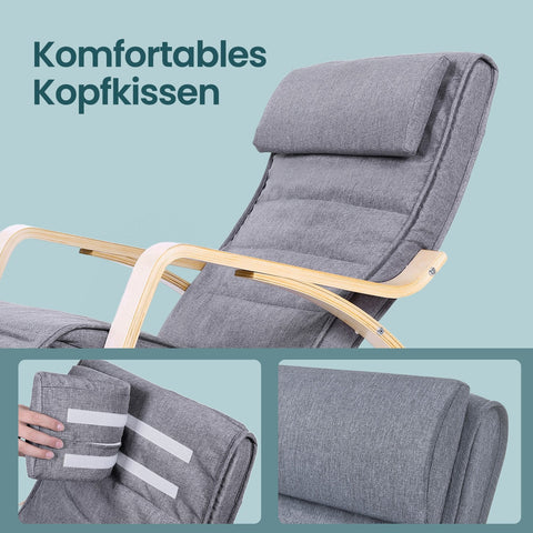 Rootz Rocking Chair - Relaxing Chair - Birch Wood Lounge Chair - Ergonomic Design - Grey Linen - 67cm x 115cm x 91cm