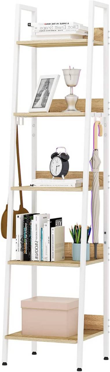 Rootz Industrial Style 5 Tier Ladder Shelf with Hooks - Rustic Bookcase - Standing Shelf - Oak MDF - 40cm x 170cm x 36cm