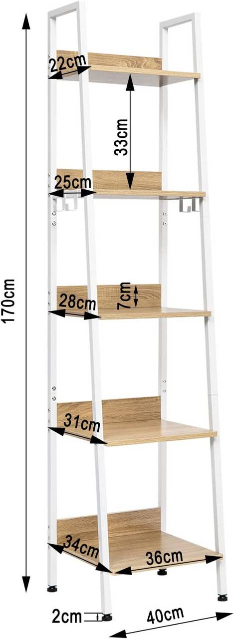 Rootz Industrial Style 5 Tier Ladder Shelf with Hooks - Rustic Bookcase - Standing Shelf - Oak MDF - 40cm x 170cm x 36cm