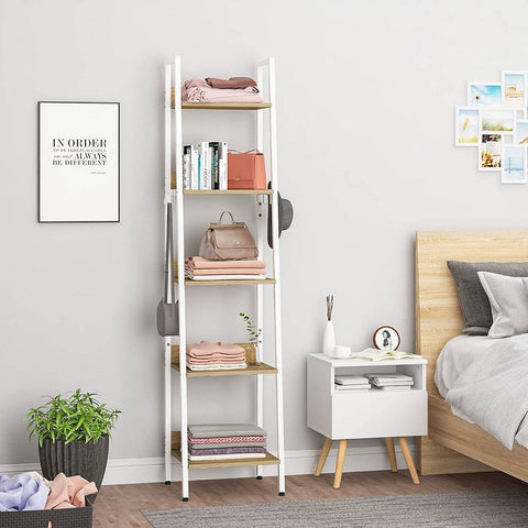 Rootz Industrial Style 5 Tier Ladder Shelf with Hooks - Rustic Bookcase - Standing Shelf - Oak MDF - 40cm x 170cm x 36cm