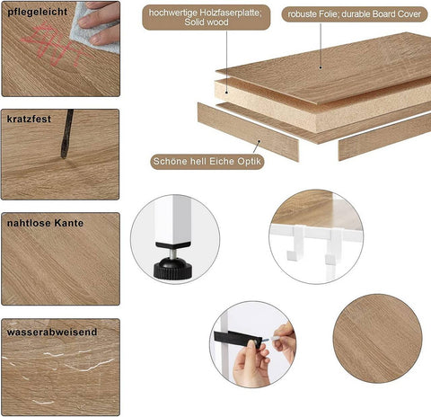 Rootz Industrial Style 5 Tier Ladder Shelf with Hooks - Rustic Bookcase - Standing Shelf - Oak MDF - 40cm x 170cm x 36cm