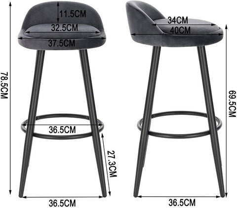 Rootz Velvet Bar Stool - Counter Stool - Adjustable Bar Chair - Stable & Durable - Floor-Safe Design - Optimal Comfort - 37.5cm x 34cm x 78.5cm