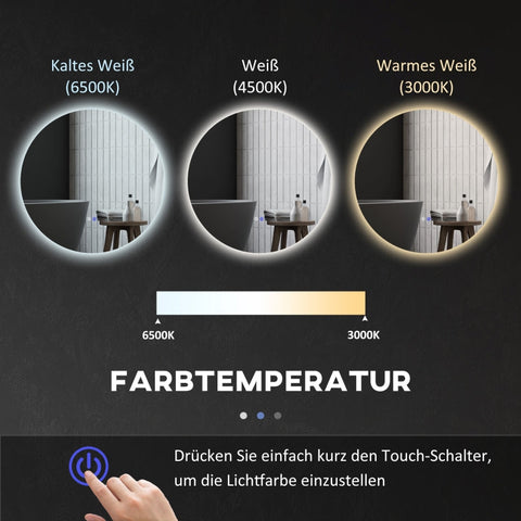 Rootz Round LED Bathroom Mirror - Wall Mirror - Backlit Mirror - Adjustable Brightness - Anti-Fog - Touch Switch - 70cm x 70cm x 3.5cm