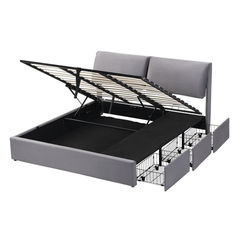 Rootz Upholstered Bed with Storage - Hydraulic Bed Box - Velvet Frame - Extra Storage & Comfort - 210cm x 180cm x 102cm