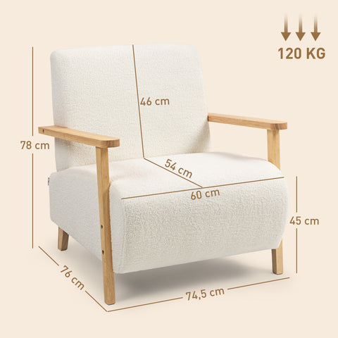 Rootz Armchair with Backrest - Lounge Chair - Padded Sherpa Chair - Cozy & Comfortable - 74.5cm x 78cm - White