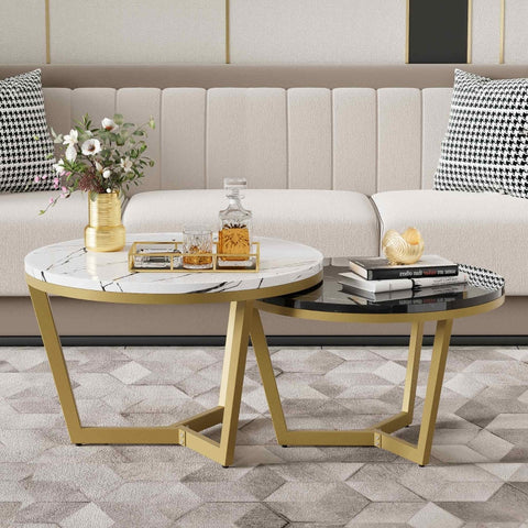 Rootz Luxurious Coffee Table Set - Marble Look - Elegant Nesting Tables - Adds Style - 70x70x45cm & 50x50x40cm - Gold Frame - L-shaped Design