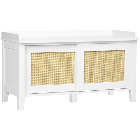 Rootz Shoe Bench Storage - Entryway Organizer - Sliding Door Bench - Rattan Design - 80cm x 35cm x 45cm - White, Brown