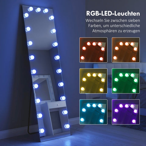 Rootz Full-Length Mirror 150x40cm - Standing Mirror - Dressing Mirror - RGB LED Lighting - Shatterproof & Modern - Touch Switch & Memory Function