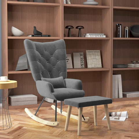 Rootz Lounge Chair and Stool Set - Modern Armchair - Upholstered Recliner - Velvet Padding - Rubber Wood Legs - Dark Gray - 66cm x 96cm x 101cm