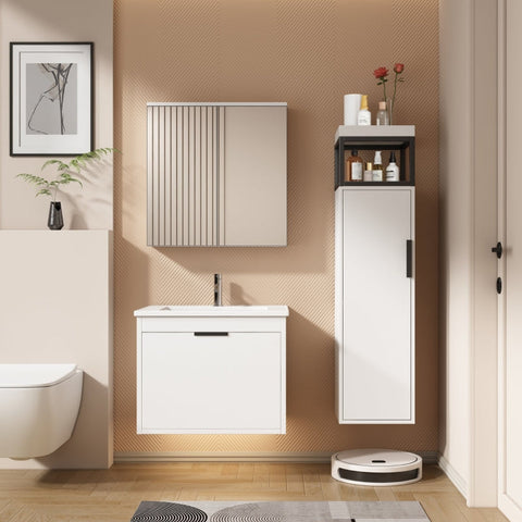 Rootz 3 Piece Bathroom Furniture Set - Bathroom Mirror Cabinet - Washbasin Unit - Soft Close Drawers - MDF - Elegant White - 59x46.5x47cm, 58.5x14x60cm, 120x30x30cm