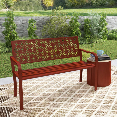 Rootz 2-Seater Outdoor Bench - Steel Garden Bench - Park Bench - Cut Backrest - Weather-Resistant - 127cm x 63cm x 85cm - Red