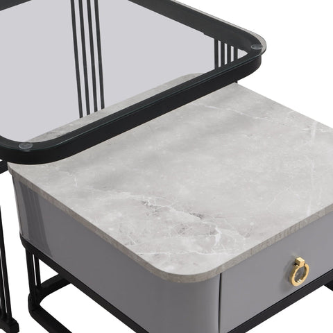 Rootz Modular Coffee Table Set - High-Gloss Marble - Glass Top - Luxurious Design - 60x60x42cm & 50x50x34cm - Practical Drawers