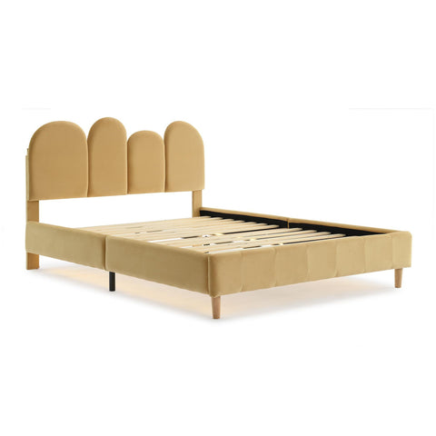 Rootz Upholstered Bed Frame - Velvet Platform Bed - LED Bed - Cozy Lighting - Fits 140x200 cm Mattress - 207x149x103 cm - Khaki