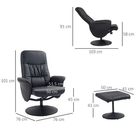 Rootz 2-piece Armchair Set - Armchair With Footstool - Relaxation Chair With Footstool - Height-adjustable - Tilting Backrest - Faux Leather - Black - 76W x 81D x 101H cm